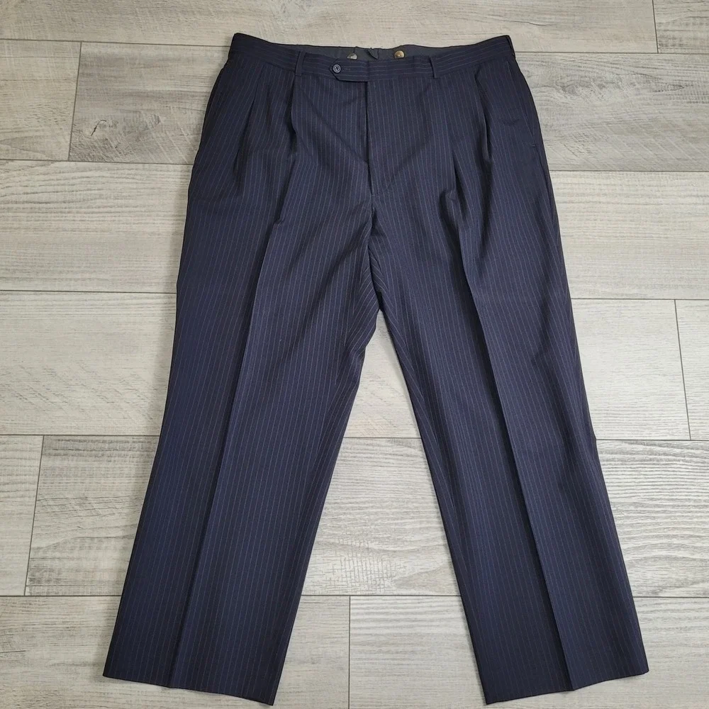 Vintage‎ Lands' End Suit Mens 42R Coat/38x29 Pants 100% Wool Blue w/Pinstripe